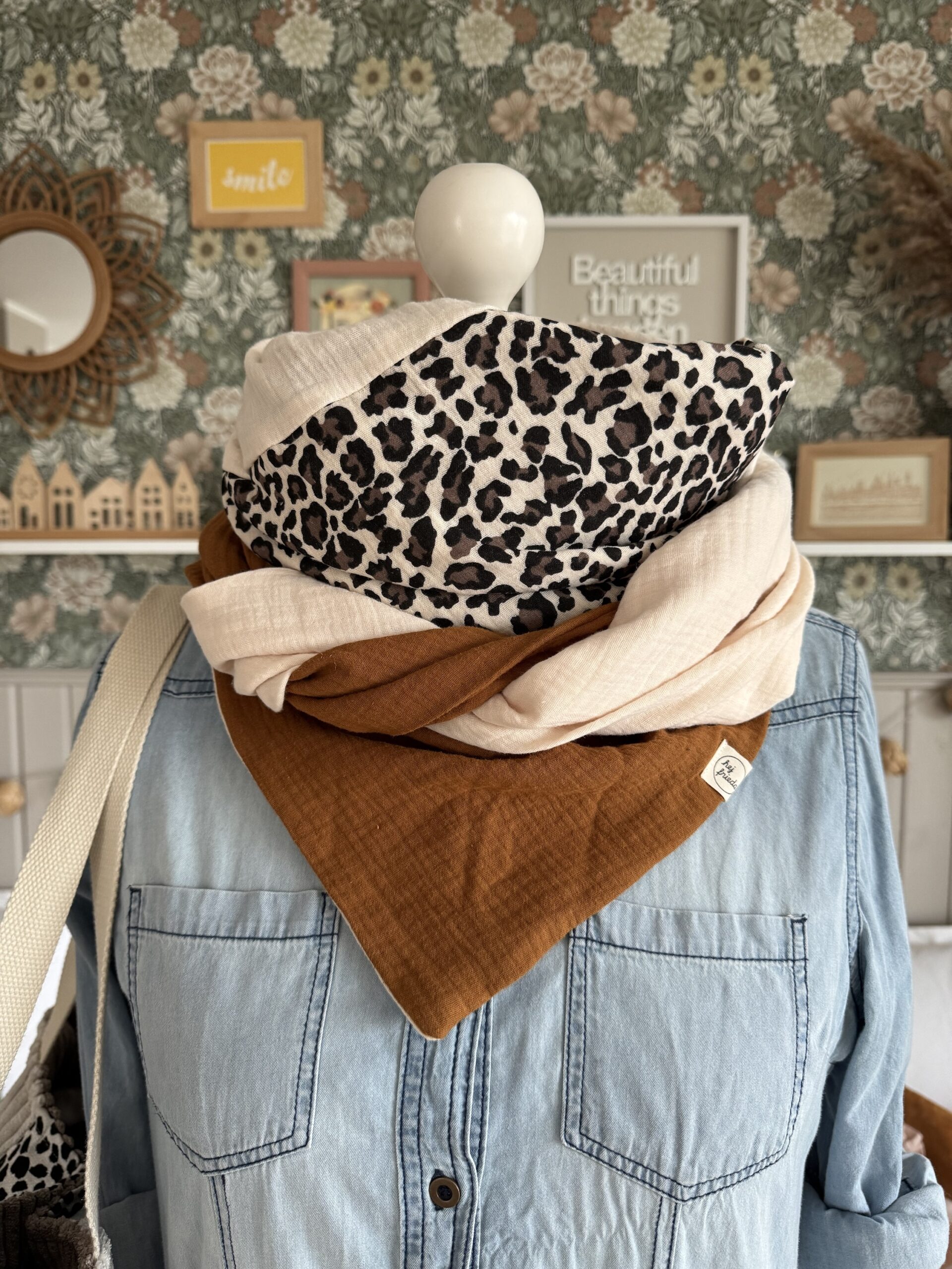 HANNA Musselintuch XL Colorblocking zimt/Leo/creme