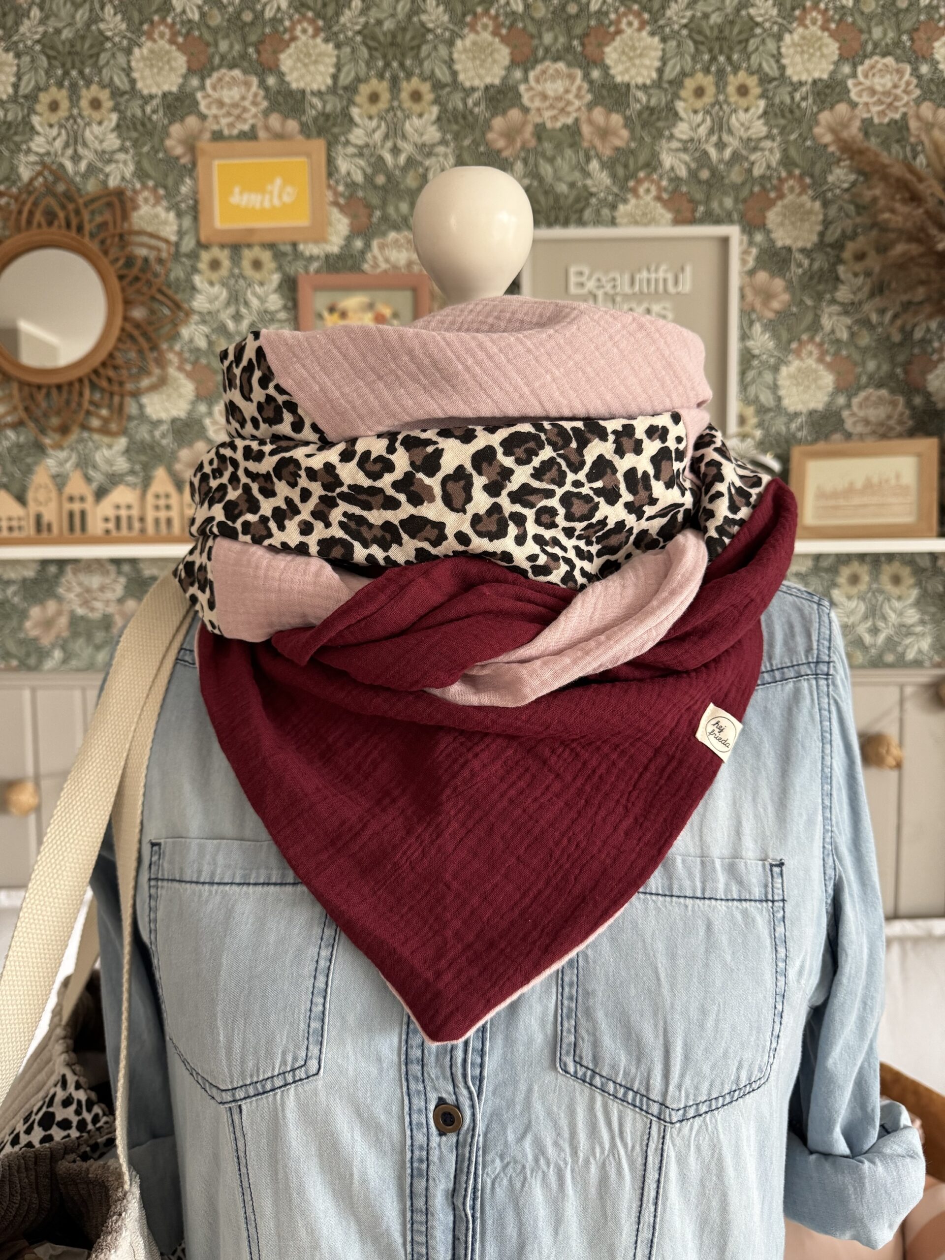 HANNA Musselintuch XL Colorblocking altrosa/Leo/bordeaux