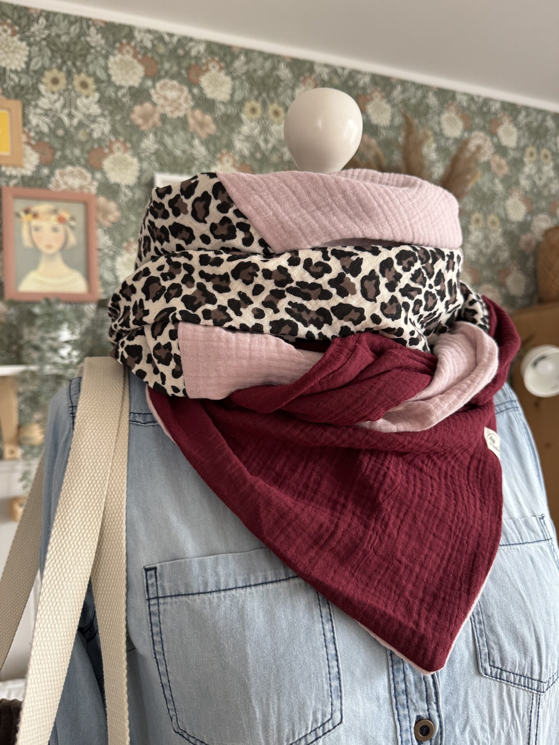 HANNA Musselintuch XL Colorblocking altrosa/Leo/bordeaux – Bild 3