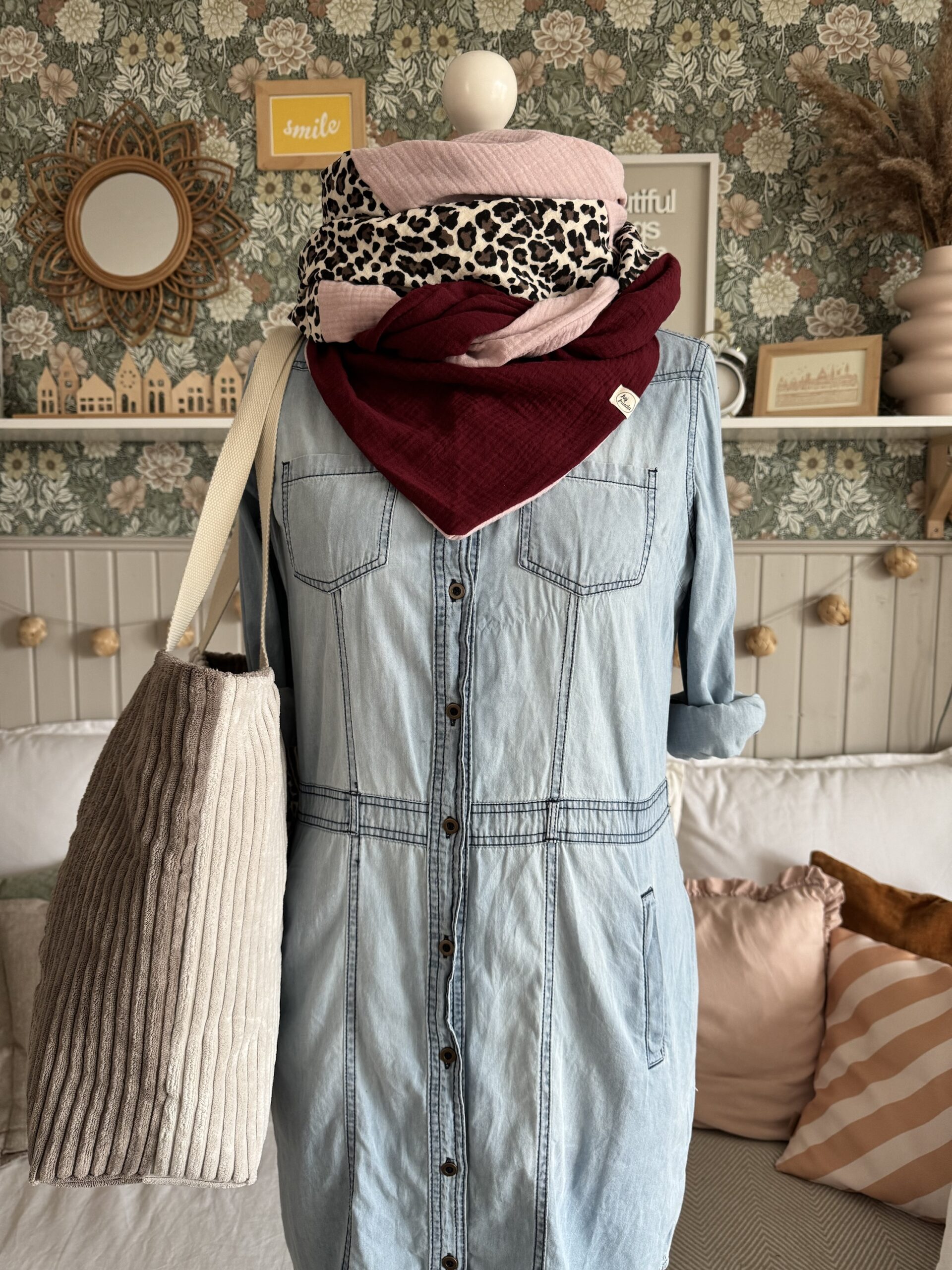 HANNA Musselintuch XL Colorblocking altrosa/Leo/bordeaux – Bild 4